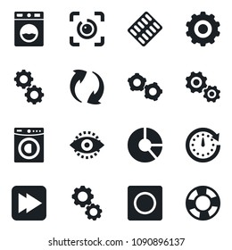 Set of vector isolated black icon - gear vector, circle chart, pills blister, fast forward, update, record, eye id, washer, clock, crisis management