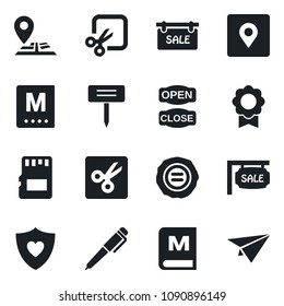Set of vector isolated black icon - stamp vector, plant label, heart shield, navigation, sd, cut, place tag, sertificate, pen, sale, menu, open close, paper plane