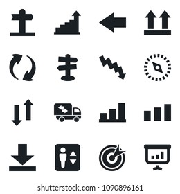 Set of vector isolated black icon - elevator vector, left arrow, growth statistic, crisis graph, signpost, up side sign, sorting, update, data exchange, download, compass, bar, moving, target