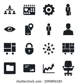 Set of vector isolated black icon - lock vector, manager, gear, hierarchy, eye, medical calendar, mobile tracking, consolidated cargo, mail, user, folder, growth graph, office chair