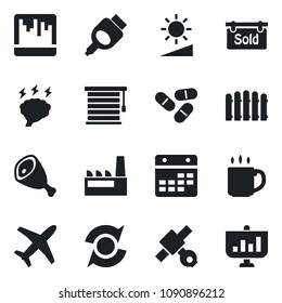 Set of vector isolated black icon - brainstorm vector, fence, pills, plane, satellite, hdmi, scanner, calendar, brightness, update, coffee, sold signboard, factory, ham, jalousie, presentation