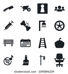Set of vector isolated black icon - female vector, ladder, wheelbarrow, bench, pumpkin, garden light, syringe, broken bone, term, themes, music, knife, fan, outdoor lamp, group, office chair