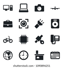 Set of vector isolated black icon - camera vector, plane, fireplace, bike, satellite, speaker, torch, case, clock, notebook pc, chip, intercome, eye scan, earth, calendar