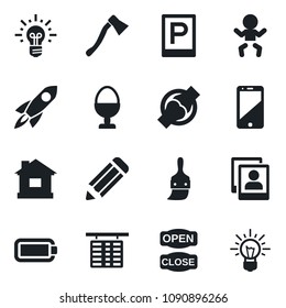 Set of vector isolated black icon - parking vector, baby, flight table, pencil, house, axe, joint, cell phone, themes, photo gallery, battery, egg stand, open close, rocket, idea