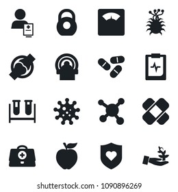 Set of vector isolated black icon - doctor case vector, blood test vial, scales, pills, patch, tomography, heart shield, joint, pulse clipboard, patient, virus, molecule, heavy, apple fruit