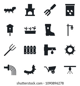 Set of vector isolated black icon - garden fork vector, farm, wheelbarrow, watering, boot, seedling, sun, light, fireplace, seeds, caterpillar, bird house, drip irrigation, fence, sprinkler