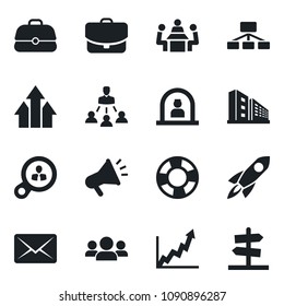 Set of vector isolated black icon - reception vector, meeting, hierarchy, office building, consumer search, group, arrow up graph, rocket, growth, case, crisis management, mail, advertising