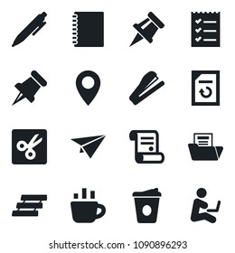 Set of vector isolated black icon - pen vector, coffee, document reload, contract, pin, paper, cut, copybook, drawing, folder, checklist, tray, stapler, plane, man with notebook