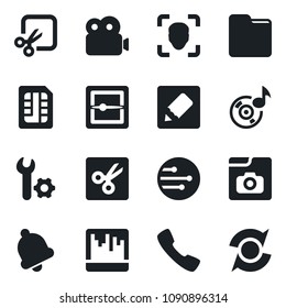 Set of vector isolated black icon - call vector, bell, scanner, sim, network, folder, notes, cut, face id, music, video, photo gallery, root setup, update