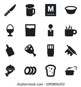 Set of vector isolated black icon - waiter vector, menu, drink, coffee, beer, plates, egg stand, bread, ham, bowl, rolling pin, cutting board, knife, steaming pan