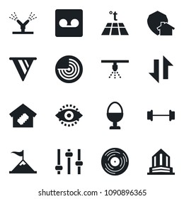 Set of vector isolated black icon - radar vector, barbell, vinyl, tuning, record, data exchange, eye id, smart home, egg stand, irrigation, warm floor, protect, sprinkler, motivation, pennon