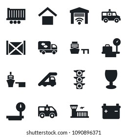 Set of vector isolated black icon - ladder car vector, luggage scales, airport building, ambulance, traffic light, truck trailer, sea port, container, fragile, warehouse storage, heavy, moving