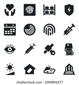 Set of vector isolated black icon - radar vector, luggage storage, syringe, heart hand, satellite, protect, calendar, brightness, eye id, fingerprint, book, pond, smart home, office building