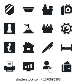 Set of vector isolated black icon - female vector, pen, meeting, manager place, statistic monitor, patient, shield, camera, root setup, printer, house, bedroom, bowl, information, motivation, wallet