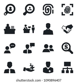 Set Of Vector Isolated Black Icon - Passport Control Vector, Speaking Man, Doctor, Speaker, Group, User, Manager Desk, Client Search, Estate Agent, Fingerprint, Palm Sproute, Handshake, Money