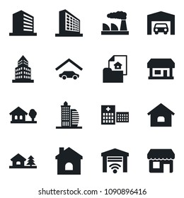 Set of vector isolated black icon - office building vector, factory, house, hospital, store, with tree, garage, estate document, gate control, storefront
