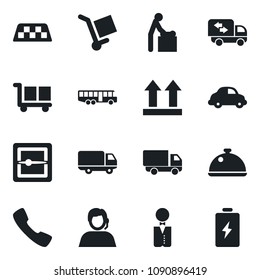 Set of vector isolated black icon - taxi vector, airport bus, baby room, support, car delivery, cargo, up side sign, call, scanner, moving, waiter, dish, battery