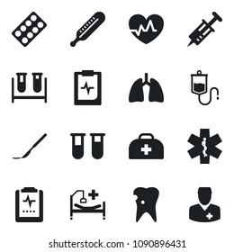 Set of vector isolated black icon - heart pulse vector, doctor case, syringe, blood test vial, dropper, thermometer, pills blister, scalpel, ambulance star, hospital bed, lungs, caries, clipboard