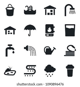 Set of vector isolated black icon - watering can vector, bucket, rain, hose, drip irrigation, umbrella, warehouse, pond, pool, water supply, bathroom, drink, heater, filter