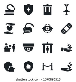 Set of vector isolated black icon - plane radar vector, fence, passport control, security gate, trash bin, hose, patch, heart hand, protect, eye id, home, surveillance, palm sproute