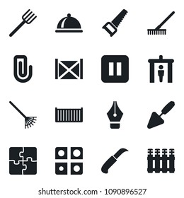Set of vector isolated black icon - security gate vector, trowel, farm fork, rake, saw, garden knife, cargo container, pause button, application, paper clip, ink pen, dish, radiator