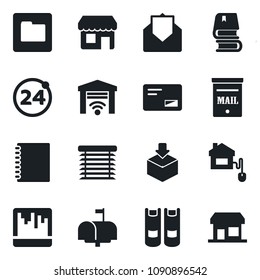 Set of vector isolated black icon - 24 around vector, book, package, mail, scanner, folder, copybook, mailbox, home control, jalousie, garage gate, storefront