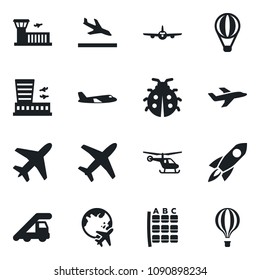 Set of vector isolated black icon - plane vector, arrival, ladder car, helicopter, seat map, globe, airport building, lady bug, rocket, air balloon