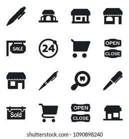 Set of vector isolated black icon - 24 around vector, shop, pen, store, search cargo, sale, sold signboard, cafe building, open close, cart, storefront