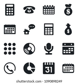 Set of vector isolated black icon - calendar vector, circle chart, microphone, menu, calculator, phone, home message, money bag