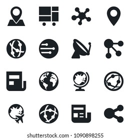 Set of vector isolated black icon - satellite antenna vector, globe, plane, earth, pin, consolidated cargo, network, share, news, social media