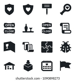 Set of vector isolated black icon - contract vector, lady bug, plant label, heart diagnostic, shield, medical calendar, package, application, warehouse, alcohol, wine card, open close, flag