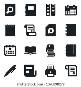 Set of vector isolated black icon - book vector, document search, pen, notepad, calendar, contract, medical, copybook, news, printer