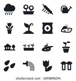 Set of vector isolated black icon - flower in pot vector, seedling, watering can, sproute, rain, seeds, tulip, oil barrel, house with tree, pond, rolling pin, water filter