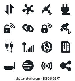 Set of vector isolated black icon - satellite vector, network, share, chain, rca, sim, data exchange, cellular signal, power plug, wireless lock, router, social media