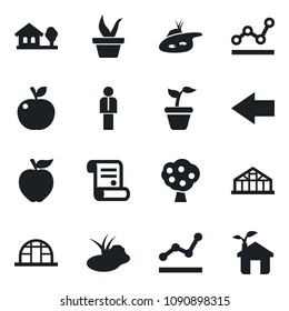 Set of vector isolated black icon - left arrow vector, manager, contract, seedling, greenhouse, pond, point graph, house with tree, fruit, apple, eco