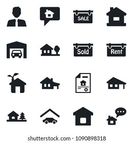Set of vector isolated black icon - house vector, with garage, tree, estate document, sale, rent, sold signboard, agent, smart home, eco, message