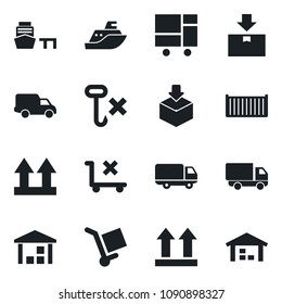 Set of vector isolated black icon - sea shipping vector, cargo container, car delivery, port, consolidated, up side sign, no trolley, hook, warehouse, package