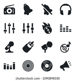 Set of vector isolated black icon - vinyl vector, flame disk, microphone, radio, settings, equalizer, headphones, rca, tuning, bell, mute, music, advertising