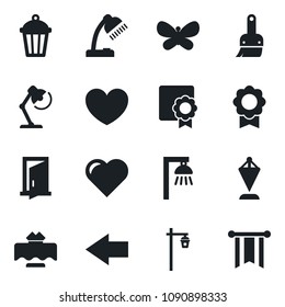 Set of vector isolated black icon - left arrow vector, pennant, butterfly, garden light, heart, themes, sertificate, desk lamp, restaurant table, outdoor, door, pennon