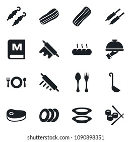 Set of vector isolated black icon - spoon and fork vector, cafe, menu, plates, bacon, waiter, bread, steak, kebab, ladle, rolling pin, sushi