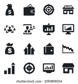 Set of vector isolated black icon - growth statistic vector, money bag, store, monitor statistics, hr, target, arrow up graph, wallet, crisis, presentation, storefront