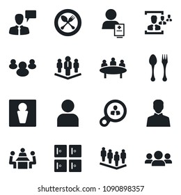 Set of vector isolated black icon - spoon and fork vector, male, checkroom, speaking man, team, meeting, patient, group, user, hr, company, consumer search