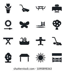Set of vector isolated black icon - sun vector, flower in pot, lawn mower, butterfly, picnic table, brightness, pool, fruit tree, restaurant, alcove