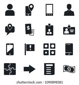 Set of vector isolated black icon - right arrow vector, identity card, document, important flag, mobile tracking, cell phone, user, application, restaurant receipt, cash