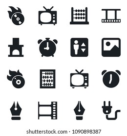 Set of vector isolated black icon - elevator vector, alarm clock, tv, abacus, fireplace, film frame, flame disk, gallery, ink pen, power plug