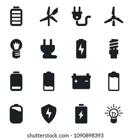 Set of vector isolated black icon - bulb vector, battery, low, protect, charge, windmill, power plug, energy saving, idea