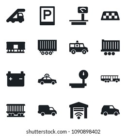 Set of vector isolated black icon - taxi vector, airport bus, parking, alarm car, ladder, ambulance, railroad, truck trailer, delivery, heavy scales, garage gate control, battery