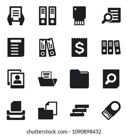 Set of vector isolated black icon - office binder vector, document search, receipt, folder, photo gallery, paper, tray, usb flash