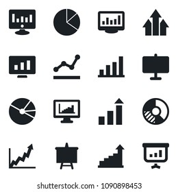 Set of vector isolated black icon - growth statistic vector, presentation board, monitor, circle chart, statistics, bar graph, pie, point, arrow up