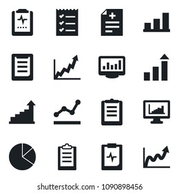 Set of vector isolated black icon - growth statistic vector, diagnosis, pulse clipboard, monitor statistics, bar graph, pie, checklist, point